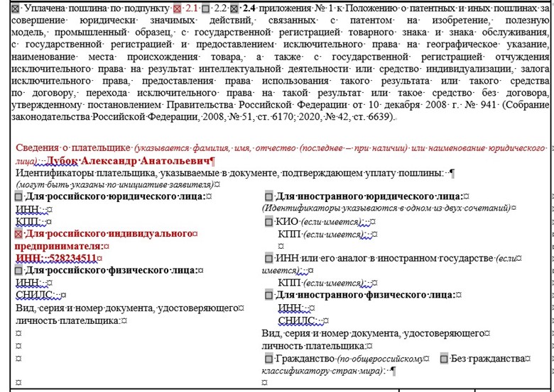 заполнение информации по оплате пошлины
